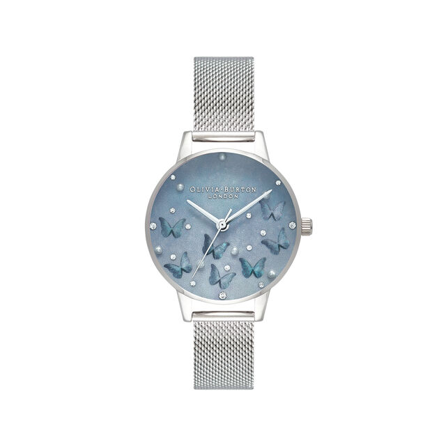 Olivia Burton Watches Review 3 Olivia Burton Watches Pale Blue Mother Of Pearl Butterflies & Faux Pearl Midi Dial Silver Mesh Watch Review