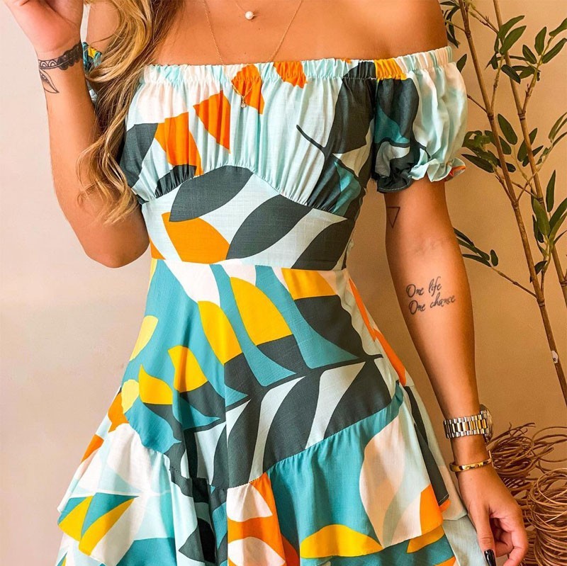 Bellewholesale Off Shoulder Ruffle Hem Plants Print Dress Review 